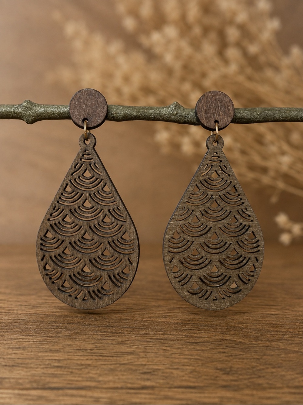 Handcrafted Wooden Teardrop Earrings - Brown